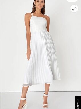 Lulu's White Pleated Midi Dress with One-Shoulder Straps